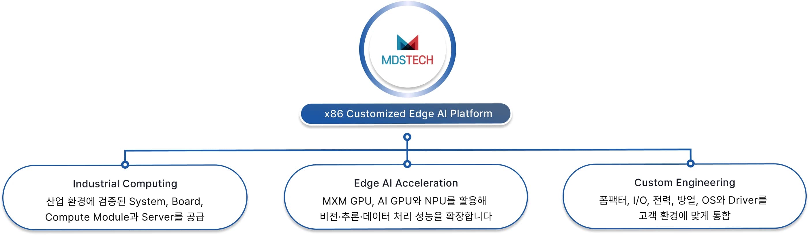x86 Customized Edge AI Platform 구성: Industrial Computing(산업 환경에 검증된 System, Board, Compute Module과 Server 공급), Edge AI Acceleration(MXM GPU, AI GPU와 NPU로 비전·추론·데이터 처리 성능 확장), Custom Engineering(폼팩터, I/O, 전력, 방열, OS와 Driver를 고객 환경에 맞게 통합)