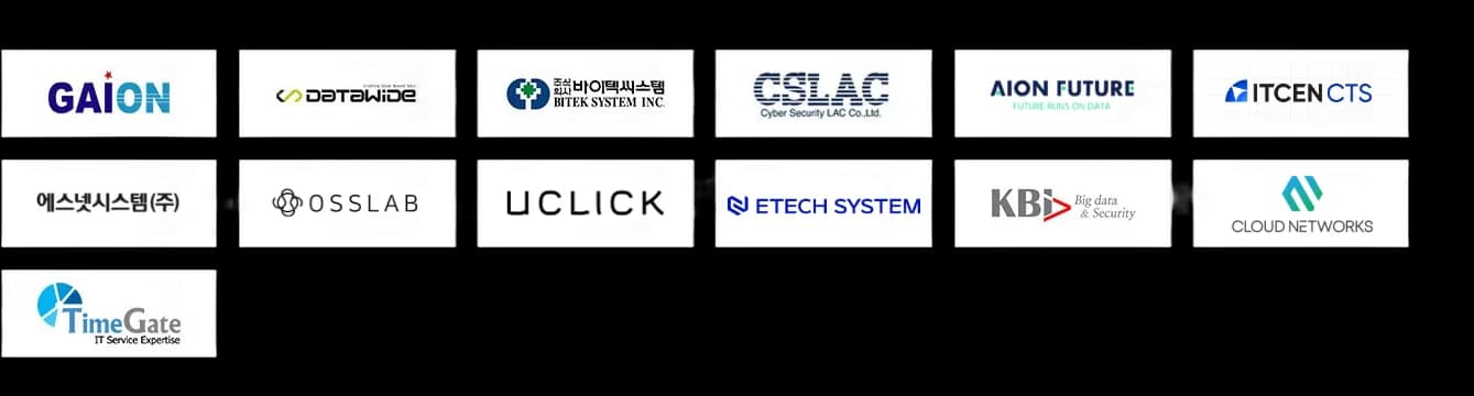 Splunk 파트너사: GAION, DATAWIDE, 바이텍씨스템(BITEK SYSTEM), CSLAC, AION FUTURE, ITCEN CTS, 에스넷시스템, OSSLAB, UCLICK, ETECH SYSTEM, KBI, CLOUD NETWORKS, TimeGate