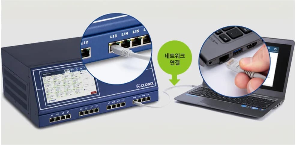 NetClon 장비와 노트북을 랜 케이블로 직접 연결한 모습