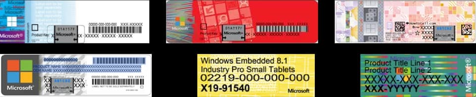Windows COA 스티커 실물 예시 6종